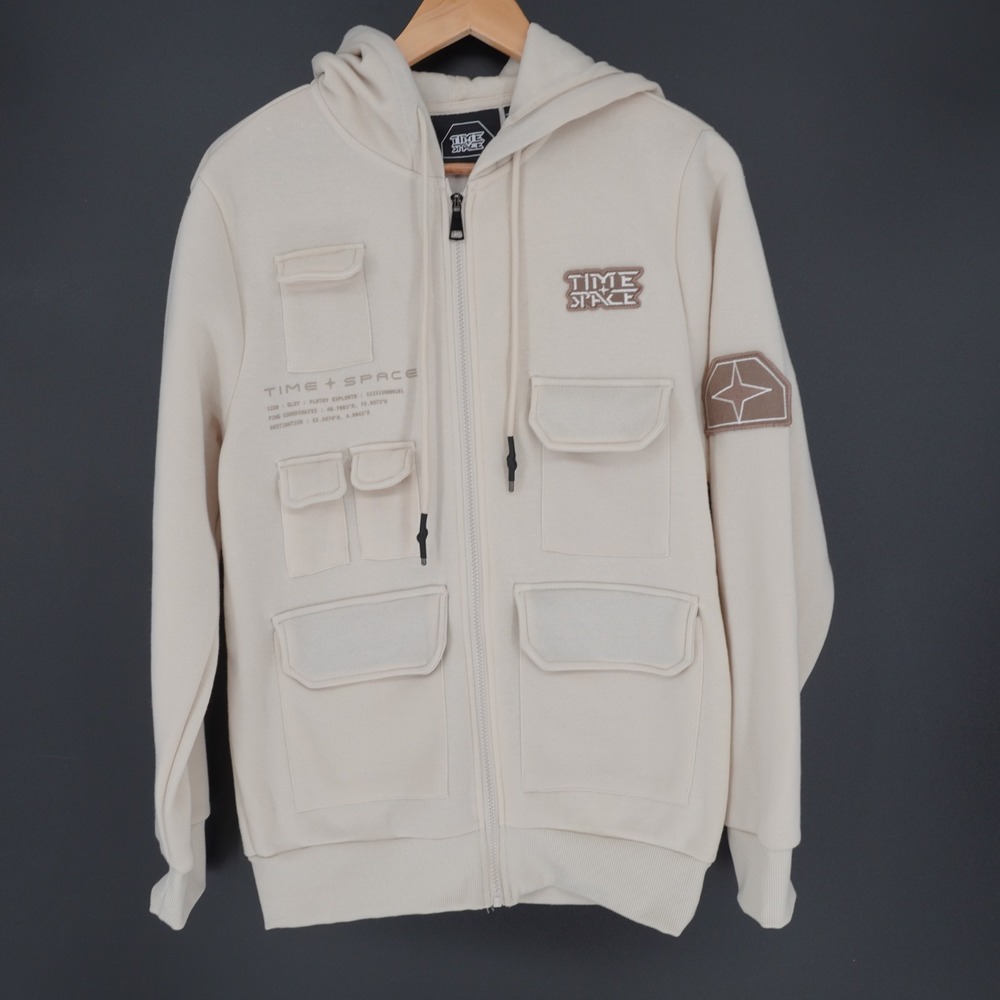 Time & Space Techwear Hoodie Ivory Utility Multi-Pocket Graphic Sweatshirt M Zip